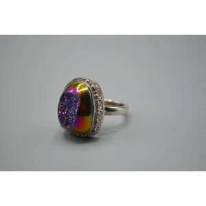 Sajen Druzy Cocktail Ring Iridescent 925 Sterling Silver Size 10 Purple Yellow